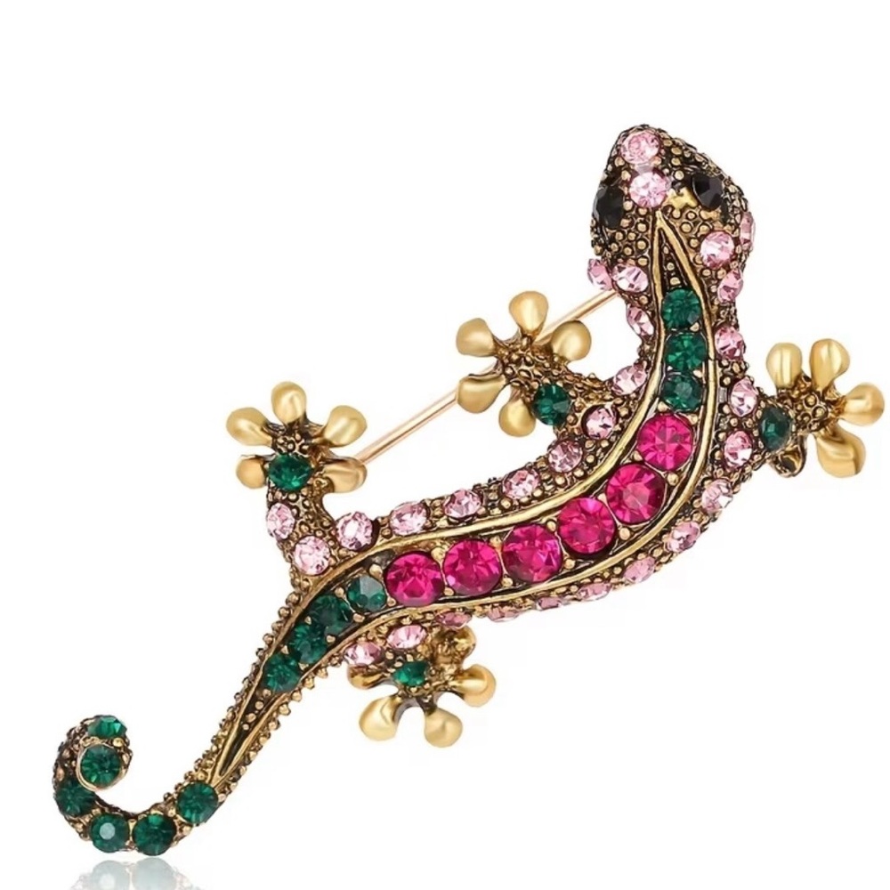 Chic Gold Lizard Brooch with Pink and Green Accents - Picture 5 of 5
